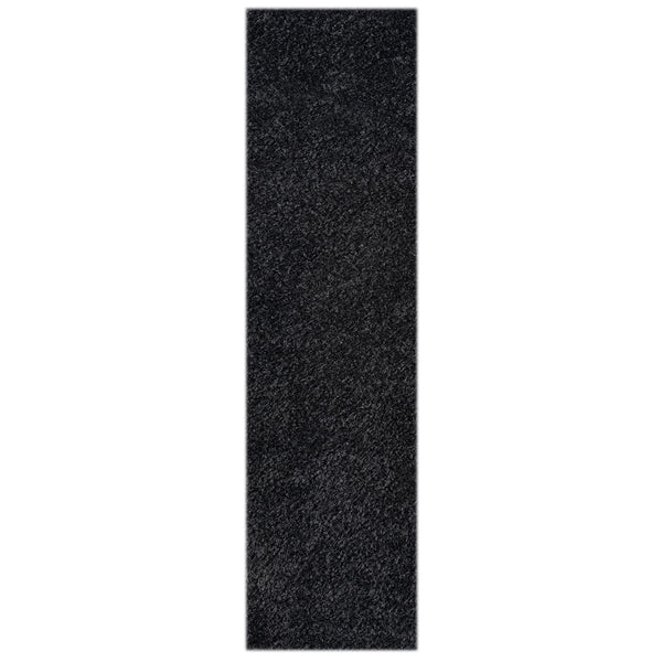 Black modern shaggy runner rug with dense plush polyester fibers and a soft texture.