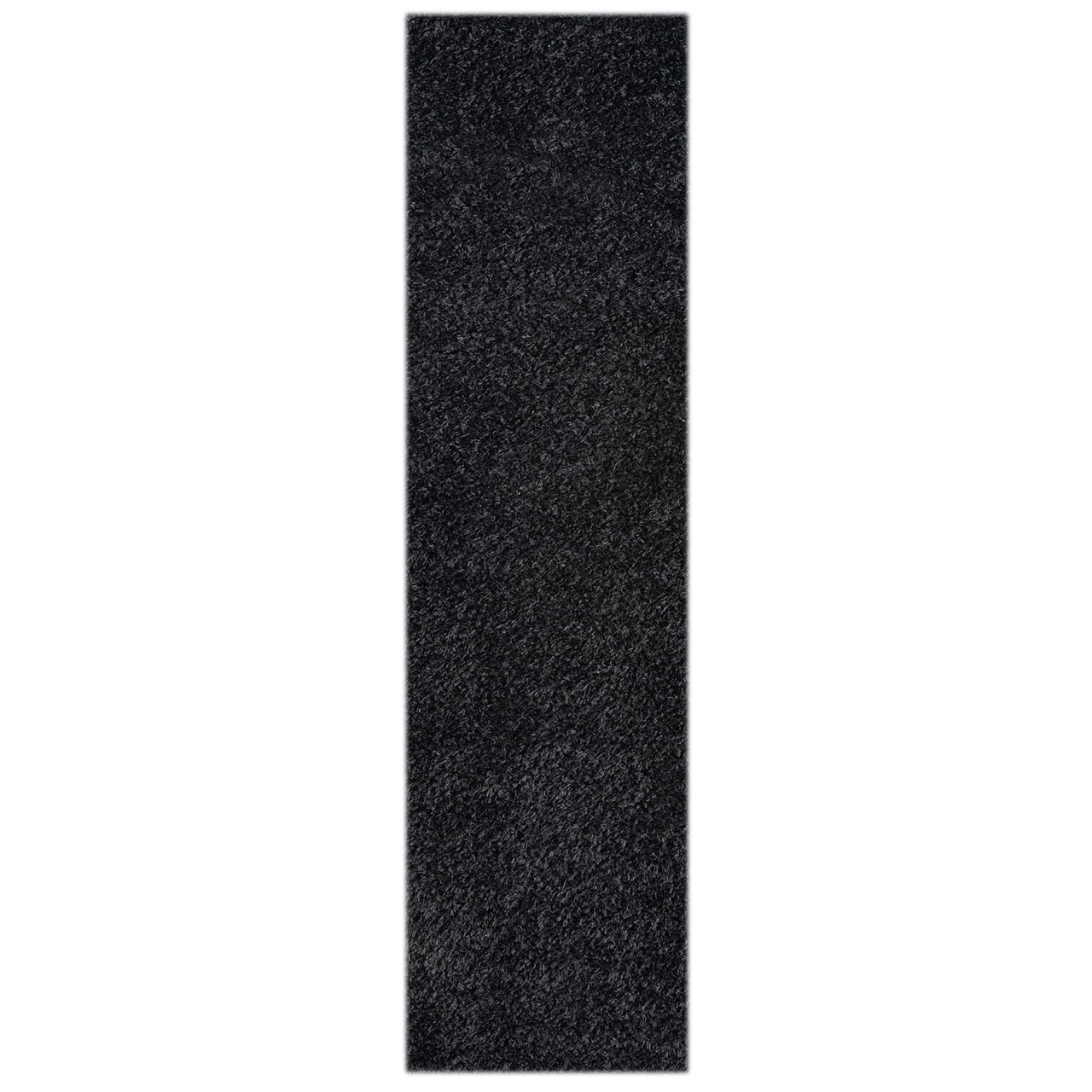 Black modern shaggy runner rug with dense plush polyester fibers and a soft texture.