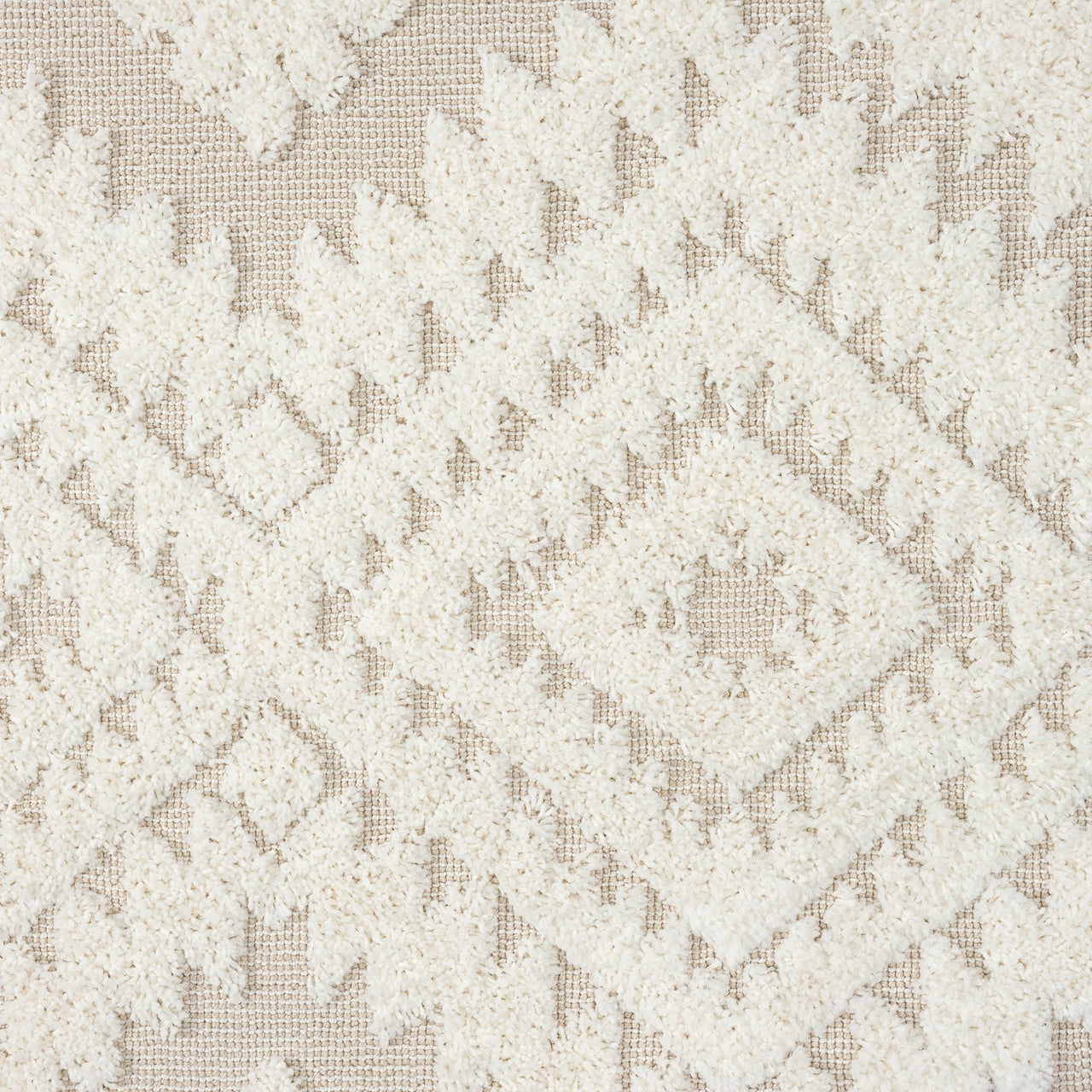 Beige and white runner rug with textured geometric diamond pattern and fringed edges.