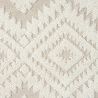 Beige and white runner rug with textured geometric diamond pattern and fringed edges.