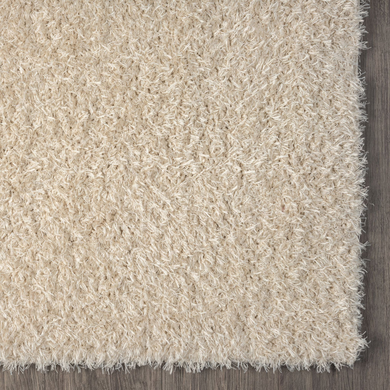 Beige modern shaggy runner rug with soft textured polyester fibers and clean edge detail.