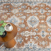 Multicolored terracotta rug with intricate blue and cream medallion patterns, soft texture.