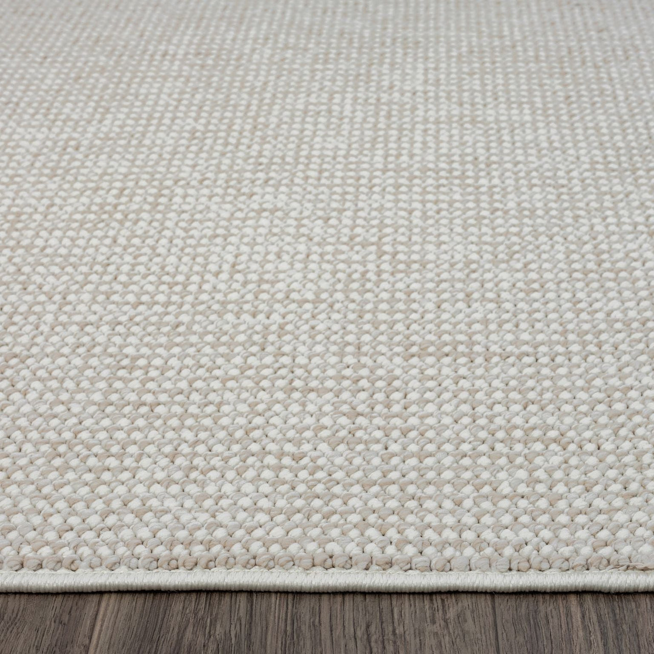 Beige flatweave rug with subtle geometric pattern and cream edging on hardwood floor.