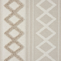 Beige and cream runner rug with textured geometric diamond patterns and fringed edges.