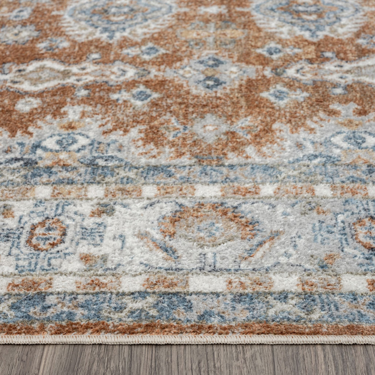 Terracotta and blue multi-colored transitional rug with intricate geometric and floral patterns on a light cream background.