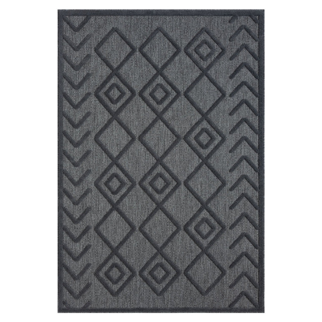 Charcoal grey modern rug with textured geometric diamond and chevron pattern.