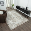 Multi-colored transitional rug with muted earth tones and intricate distressed patterns on hardwood floor.