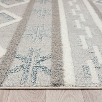Grey and beige runner rug with modern geometric patterns and textured pile.