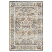Transitional rug with coral, beige, blue, and gray intricate floral and geometric patterns.