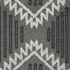 Grey and white geometric patterned runner rug with textured pile and fringed edges.