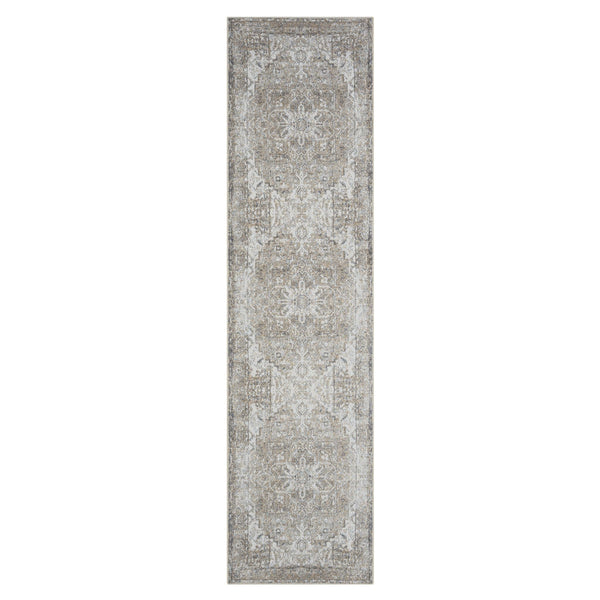 Long narrow runner rug with distressed beige and taupe medallion pattern and subtle floral details.