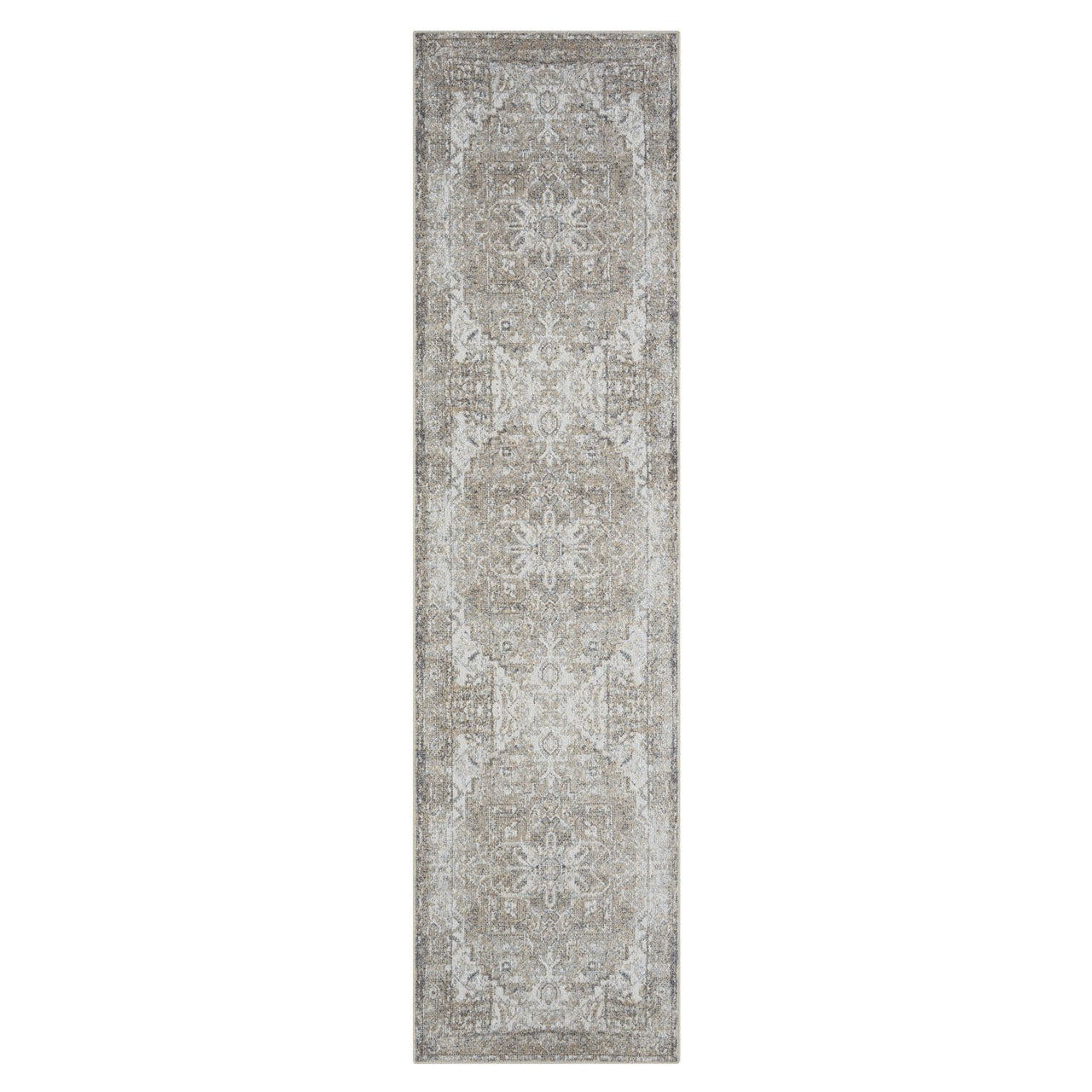 Long narrow runner rug with distressed beige and taupe medallion pattern and subtle floral details.