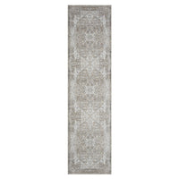 Long narrow runner rug with distressed beige and taupe medallion pattern and subtle floral details.