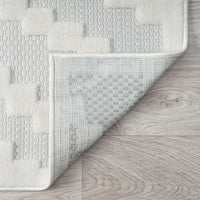 Cream runner rug with textured geometric block patterns and a soft polypropylene pile.
