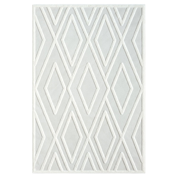 Grey and white geometric patterned modern rug with textured polypropylene pile.