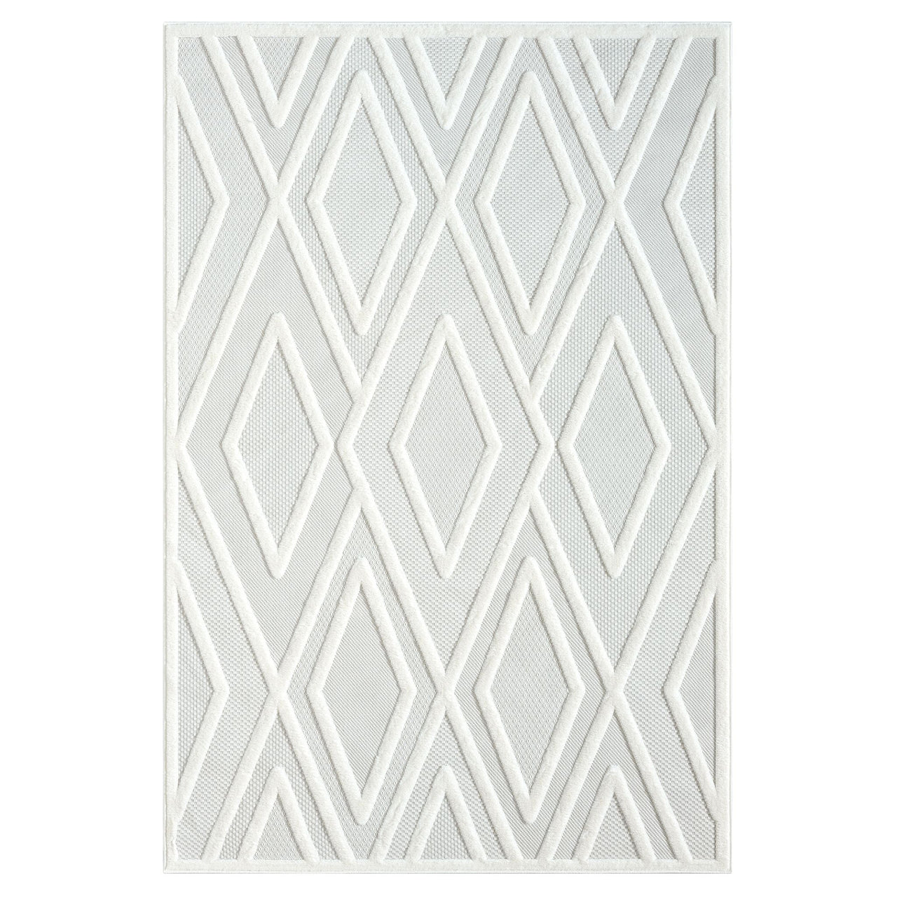 Grey and white geometric patterned modern rug with textured polypropylene pile.