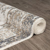 Rolled modern runner rug with neutral earth tones and subtle abstract pattern on wood floor.