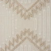 Taupe and beige runner rug with textured geometric zigzag patterns and vertical lines, fringed edges.