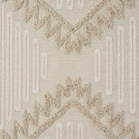 Taupe and beige runner rug with textured geometric zigzag patterns and vertical lines, fringed edges.