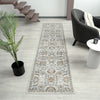 Modern pearl-colored runner rug with intricate geometric and floral patterns in neutral tones on light hardwood floor.