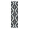 Grey and white runner rug with modern geometric diamond pattern and fringed ends.