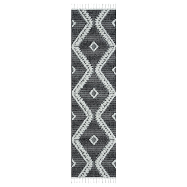 Grey and white runner rug with modern geometric diamond pattern and fringed ends.
