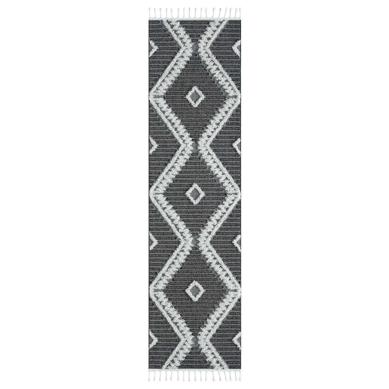 Grey and white runner rug with modern geometric diamond pattern and fringed ends.