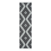 Grey and white runner rug with modern geometric diamond pattern and fringed ends.