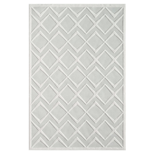 White modern rug with raised geometric diamond pattern and textured pile.