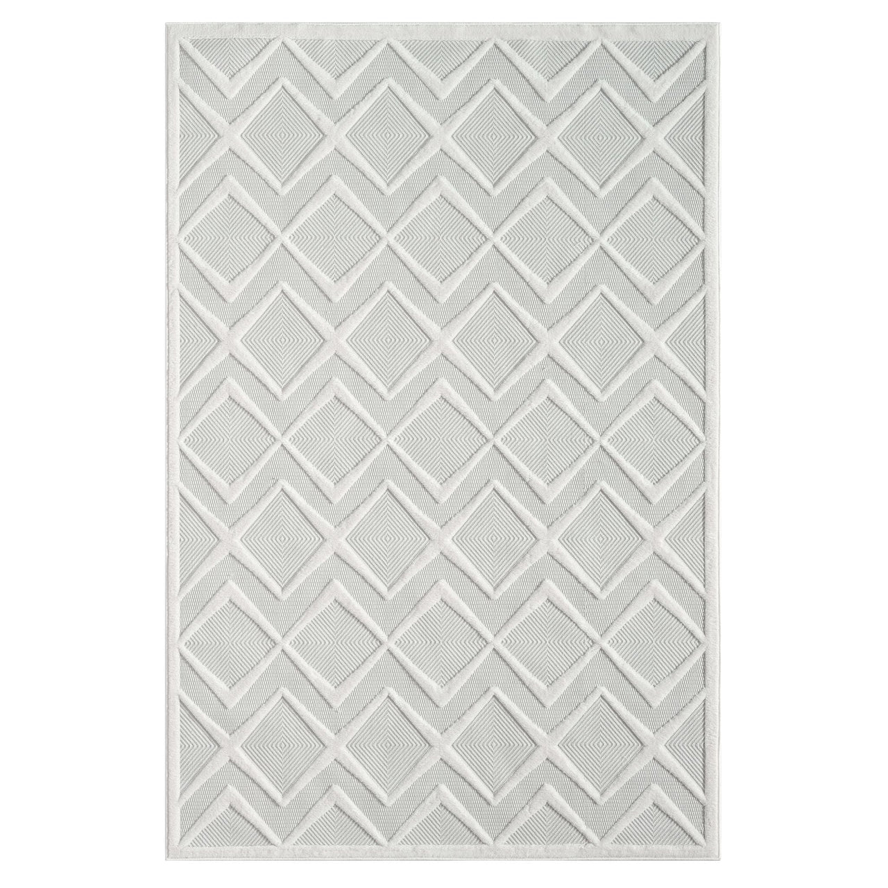 White modern rug with raised geometric diamond pattern and textured pile.