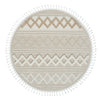 Round beige and cream rug with geometric diamond patterns and fringed edges.