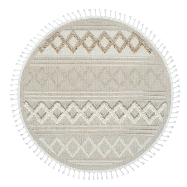 Round beige and cream rug with geometric diamond patterns and fringed edges.