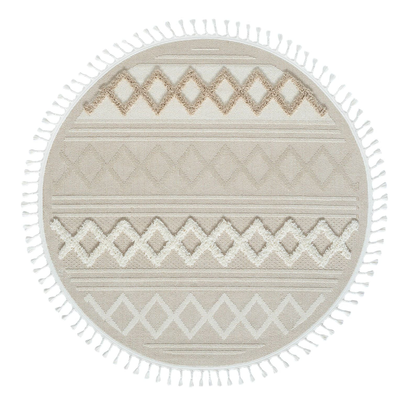 Round beige and cream rug with geometric diamond patterns and fringed edges.
