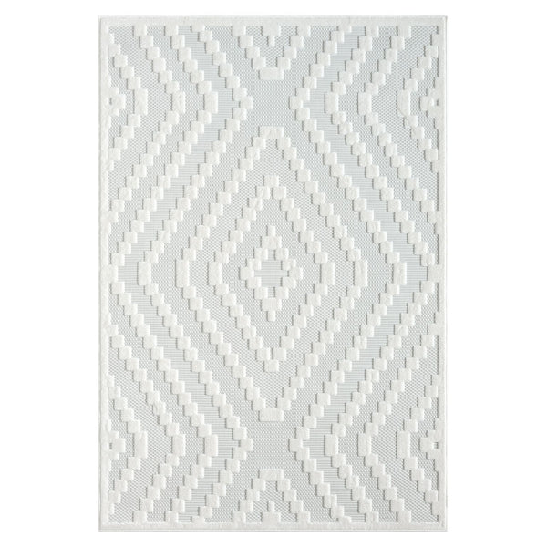 Cream and beige geometric patterned modern rug with textured pile and zigzag design.