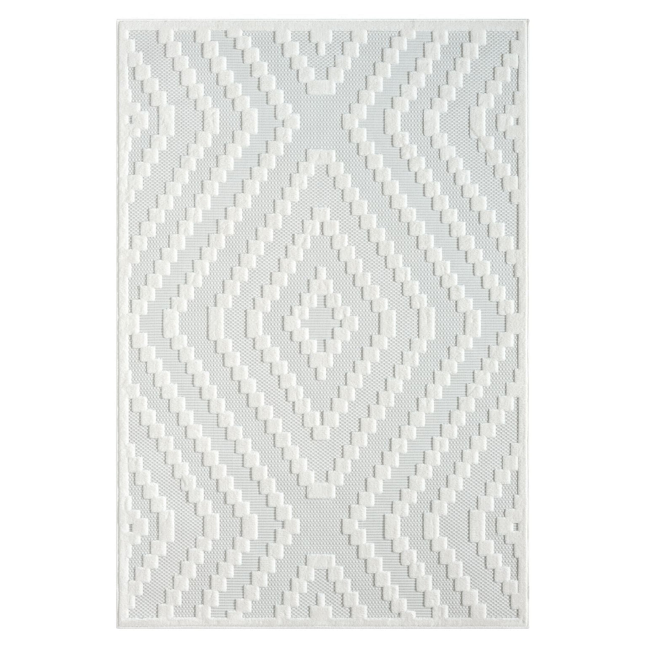 Cream and beige geometric patterned modern rug with textured pile and zigzag design.