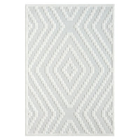 Cream and beige geometric patterned modern rug with textured pile and zigzag design.