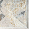 Modern runner rug with beige, gray, and cream abstract geometric pattern and soft textured pile.