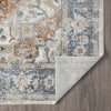 Blue, beige, and rust Mediterranean-inspired transitional rug corner with floral and geometric border designs, machine.