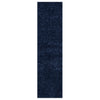 Navy blue modern shaggy runner rug with soft polyester pile, rectangular shape.
