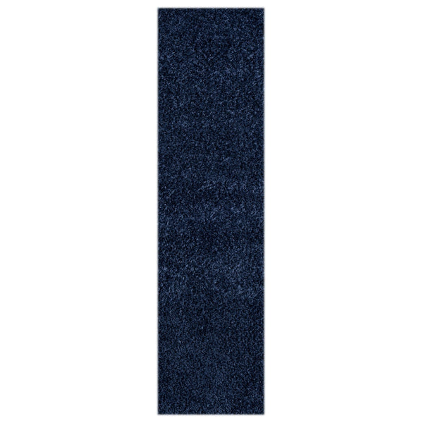 Navy blue modern shaggy runner rug with soft polyester pile, rectangular shape.