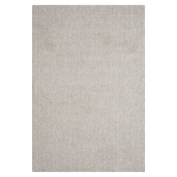 Taupe flatweave rug with subtle textured geometric pattern in minimalist modern style.