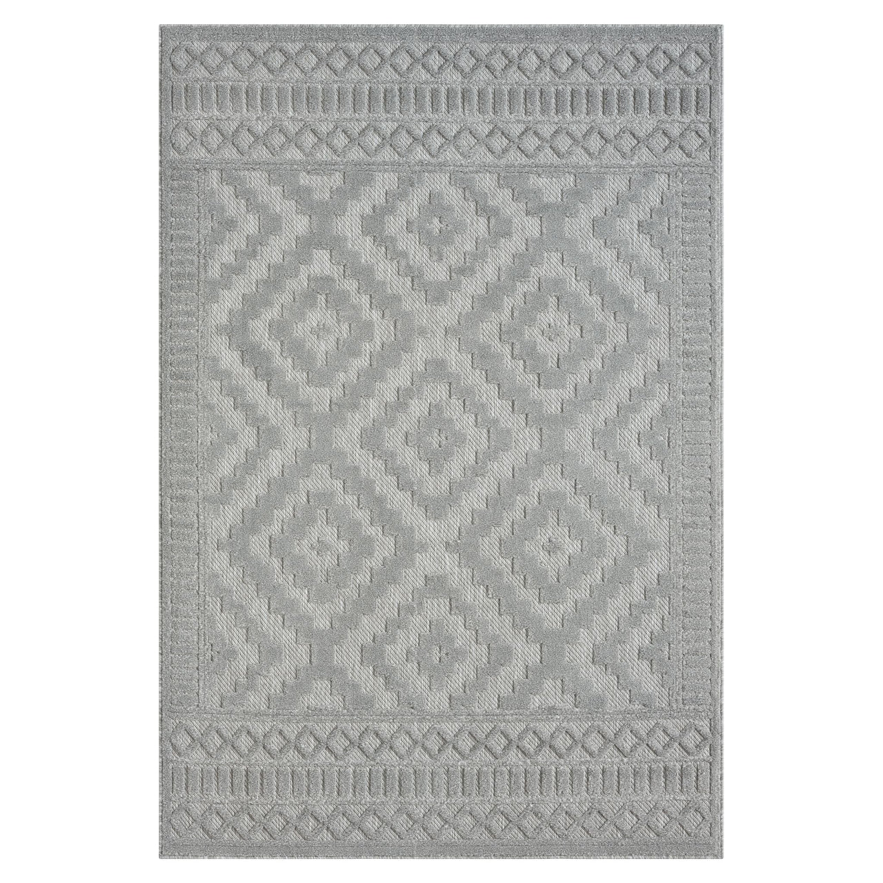 Grey geometric patterned modern rug with textured polypropylene pile and symmetrical border design.