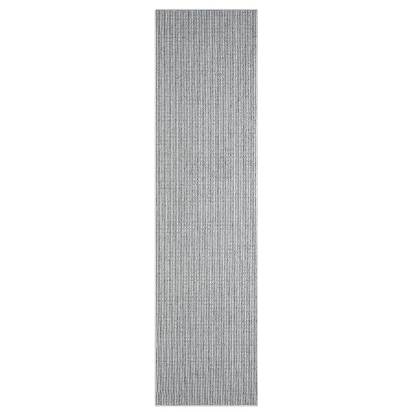 Long grey flatweave runner rug with subtle geometric pattern and minimalist design.