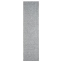 Long grey flatweave runner rug with subtle geometric pattern and minimalist design.