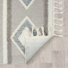 Grey and beige runner rug with modern geometric diamond pattern and white fringed edges.