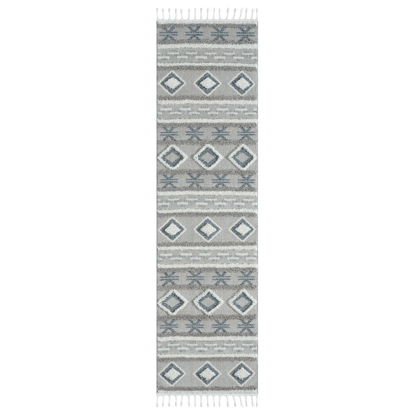 Grey and beige runner rug with modern geometric diamond and stripe pattern, fringed edges.