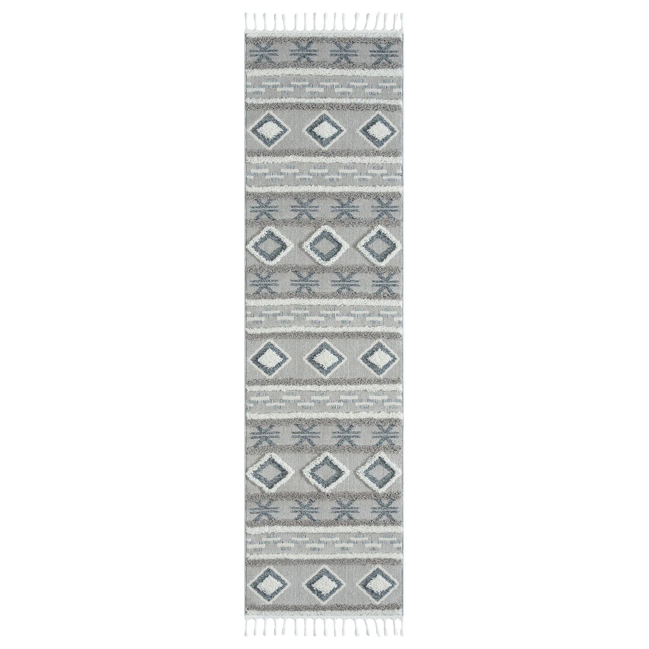 Grey and beige runner rug with modern geometric diamond and stripe pattern, fringed edges.