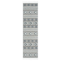 Grey and beige runner rug with modern geometric diamond and stripe pattern, fringed edges.