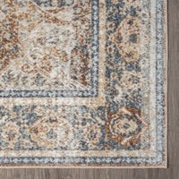 Close-up of coral and blue patterned runner rug with intricate floral border on hardwood floor.