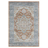 Blue, beige, and brown transitional rug with intricate geometric and floral patterns, machine washable polyester blend.